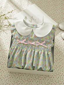 Souflis Souflis Light Blue Floral,Summer,Cute,Picnic French Baby Girl Ditsy Floral Dress,White Peter Pan Collar Contrast Color,Pleated Design,3D Bow Decor Vintage Clothes - Multicolor - View 6