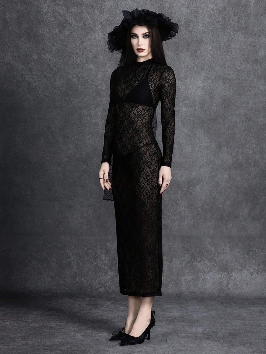 Glisette Women's Stand Collar Sexy Waist Cinched Midi Dress For Dates & Parties - Black - View 1