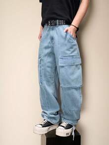 Manfinity Roghcode New Casual Light-Colored Straight Leg Wide Leg Jeans - Blue - View 4
