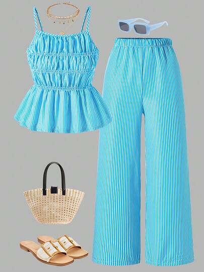 SHEIN Sparklyn 2pcs/Set Teen GirlCasual Camisole Top And Wide Leg Pants Set, Summer