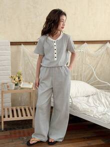 DAZY Tween Girl Striped Print Crew Neck Short Sleeve Top And Pants Pajama Set Summer - Multicolor - View 2