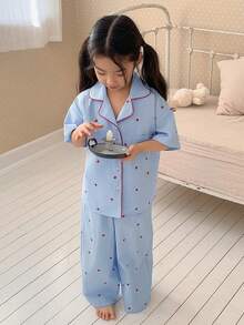 DAZY Young Girl Girls Heart Print Contrast Trim Pajama Set, Fall - Blue - View 7
