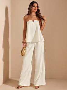 SHEIN BAE Bộ 2 món áo croptop không dây và quần dài, cổ áo hình trái tim, thiết kế chữ A xếp ly thanh lịch, phù hợp cho dạ hội, câu lạc bộ, tiệc cocktail, không tay, thích hợp cho mùa xuân và mùa hè, bộ đồ 2 món duyên dáng. - Màu be - Xem 4