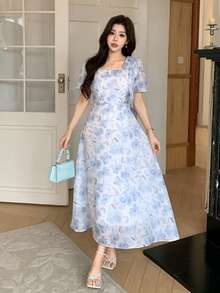 DAZY 女士优雅印花方领花瓣袖系腰中长连衣裙，夏季婚礼宾客礼服，女士吊带裙 - 藍色 - 查看 5