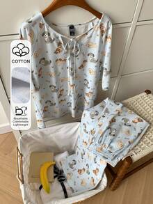 DAZY 快乐狗狗印花宽松女士睡衣套装 - 藍色 - 查看 3