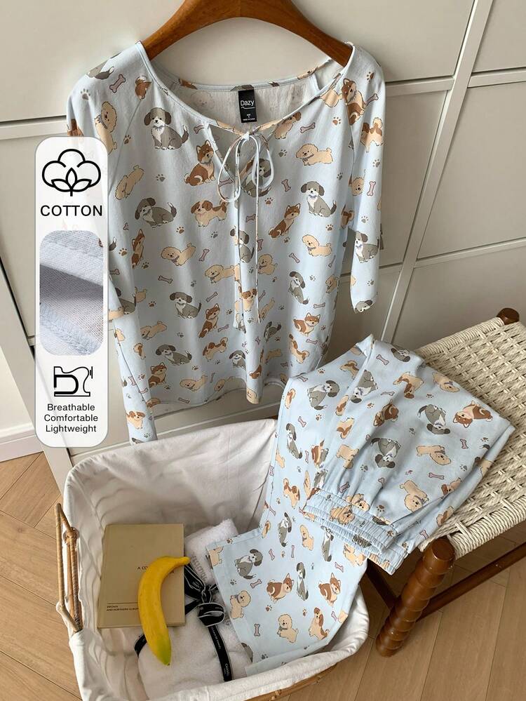 Happy Dog Print Loose Women Pajama Set
