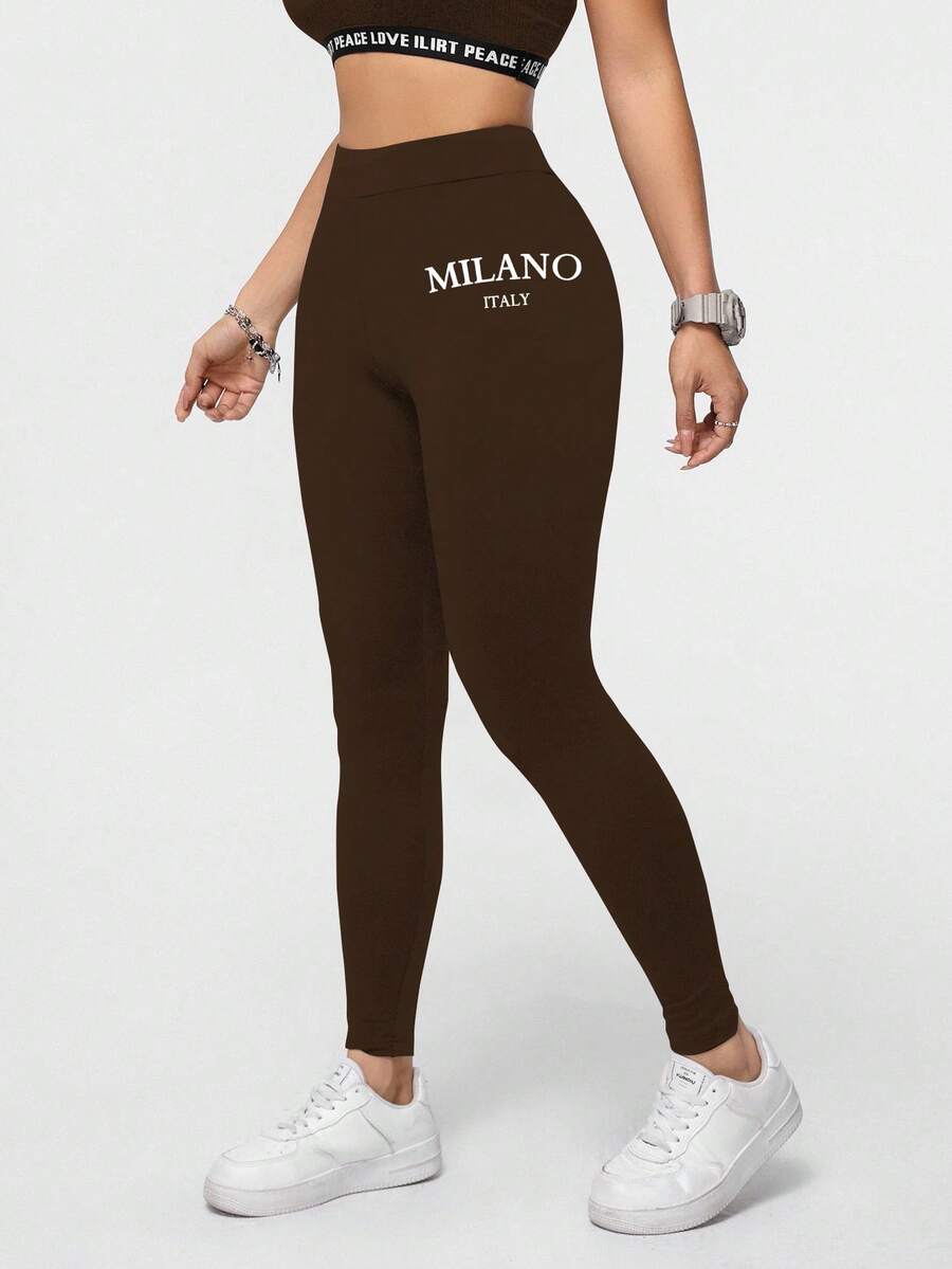 SHEIN Essnce Casual Regular Fit Chocolate Brown Long Leggings With Letter Pattern For Women Leggings Women - Chocolate Brown - View 1