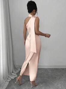 Elegant Sexy French Satin Ribbon Asymmetric Neck 3D Floral Waist Ruched Slim Fit Bodycon Dress - Pink - View 2