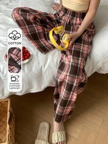 Livesso Plaid Loose Straight Leg Long Pajama Pants, Suitable For Spring And Summer Loungewear - Pink - View 3