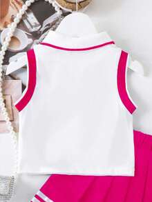 Elladie kids Set de 2 piezas para niñas pequeñas que incluye top sin mangas con estampado de corazones y cuello y falda plisada con dobladillo con volantes - Estilo escolar, adecuado para la temporada de regreso a clases en verano - Rosa Fucsia - Ver 6