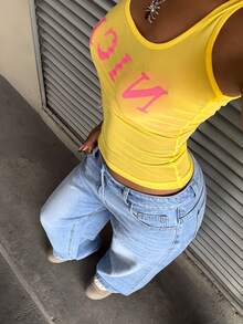 StreetHx Women's Fashionable Casual Versatile Y2K English Print Straight Leg Jeans - Light Wash - View 7