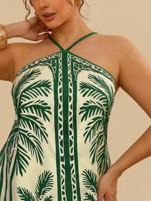 Travachic Plus Size Tropical Blue & White Palm Tree Print Spaghetti Strap Backless Summer Mini Dress - Green - View 1