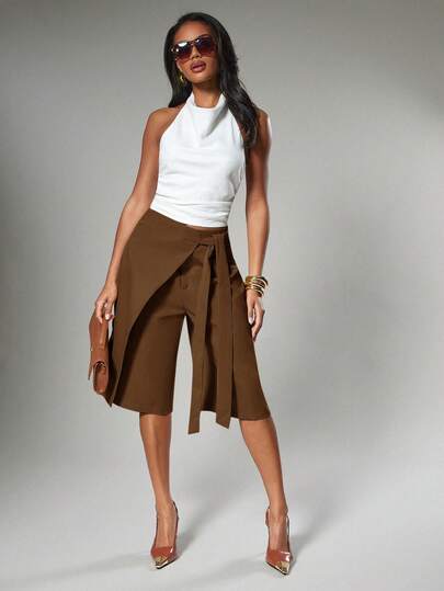 Hauture Pantalones cortos tipo bermuda de mujer con detalle de lazo, de unicolor, de estilo casual y sexy con pierna ancha