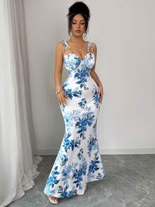 Elenzga 新款吊带弹力针织印花美人鱼下摆双面连衣裙，优雅性感度假百搭长裙，女士 - 彩色 - 查看 5