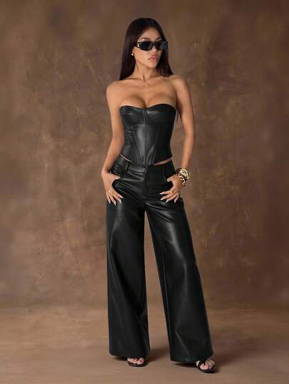 SHEIN PETITE Women's Solid Color PU Leather Pocket Wide Leg Loose Pants
