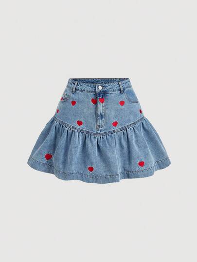 Sweetra Plus Size Women Blue Denim Heart Embroidery Niche Ruffle Hem Mini Skirt