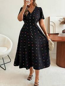 Elenzga Plus Size Multicolor Heart Print A Line Dress V Neck Half Puff Sleeve Casual Long Dress - Multicolor - View 6