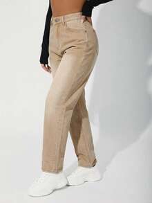 SHEIN PETITE Women's Solid Color Minimalist Everyday Denim Jeans - Apricot - View 2