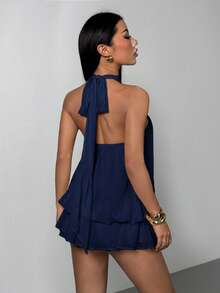 SHEIN PETITE Women's Elegant Beige Halter Tie Mini Dress - Navy Blue - View 2