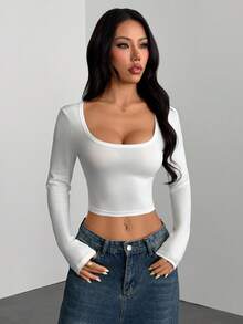 SHEIN PETITE 2pcs/Set Sexy Wide Neck Long Sleeve Form-Fitting T-Shirt Crop Tops Y2k - Multicolor - View 9