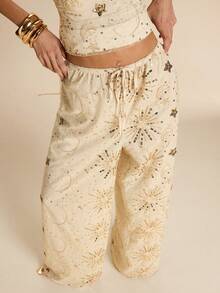 SHEIN BAE 老钱风格女士亮片休闲弹力腰亮片高腰阔腿裤 - 杏色 - 查看 7