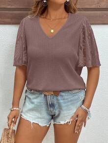 SHEIN Clasi Plus Size Elegant Waffle Knit Patchwork Ruffle Sleeve T-Shirt - Coral Pink - View 6