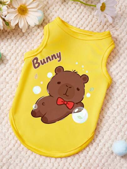PETSIN 1 Piece Cute Teddy Bear Blowing Bubble Letter Printed Pet Vest, Yellow Skin Friendly Breathable Pet Clothing