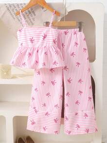 Firerie Kids 2pcs/Set Young Girls' Pink Bow Striped Camisole Top + Loose Pants Suit, Casual, Fashionable, Versatile, Suitable For Outings, Sister Photo Shoots, Park Trips, Camping, Vacation, Daily Leisure - Pink - View 6