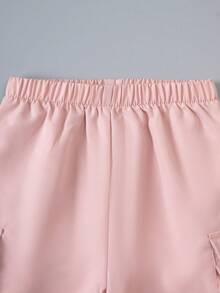 SHEIN Casuvi Kids 两件套女童针织白色短袖T恤和蓝色针织亮片蝴蝶结工装裤，时尚夏季套装 - 粉色 - 查看 7