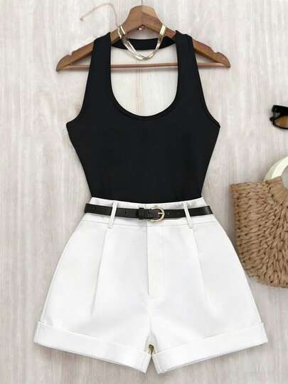 SHEIN Franclia Women's Casual Elegant Versatile Fashion U-Neck Knit Top, Suitable For Daily, Romantic Dates, Paired With Solid Color Shorts Set (Comes With Belt)