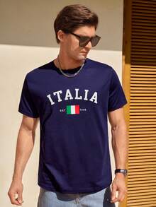 Manfinity CityGents 男士夏季字母印花圓領短袖休閒T恤 - 寶藍色 - 查看 3