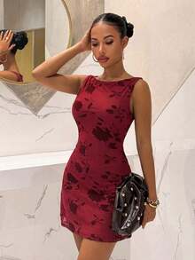 Aloruh 女士优雅印花露背无袖迷你连衣裙，夏季 - 酒紅色 - 查看 3