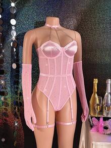 5pcs Sequin Mesh Patchwork Satin Front Metal Chain Underwire Sexy Jumpsuit Set - Pink - View 8