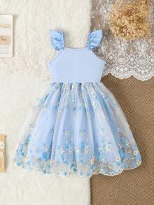 SHEIN Đầm hè cho bé gái 4-7 tuổi, thích hợp cho mùa tựu trường, màu xanh dương, kiểu dáng thời trang dễ thương, tay phồng, nơ, thêu hoa, dây lưới, chất liệu mềm mại thoải mái, phù hợp cho các hoạt động ngoài trời mùa xuân/hè, có thể dùng làm quà tặng. - Màu xanh lam - Xem 5