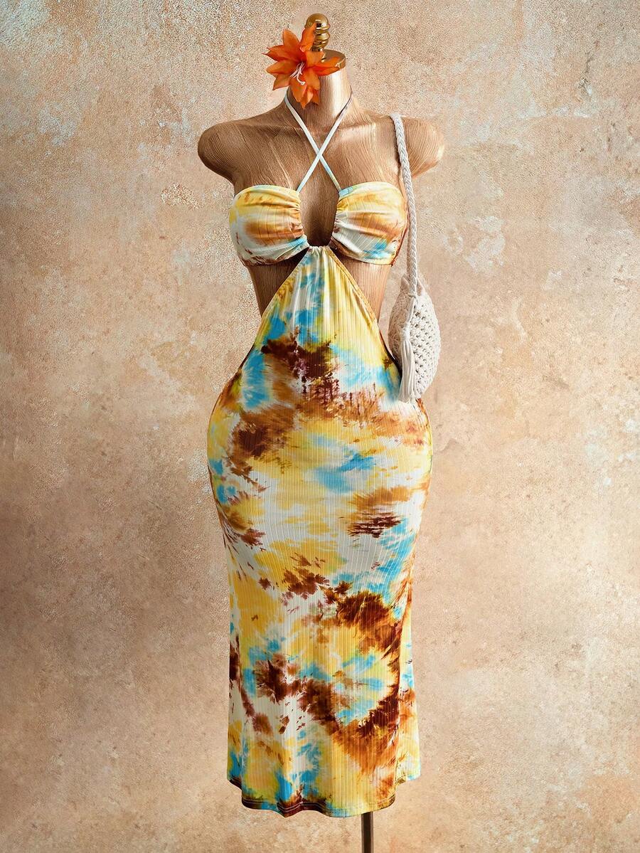 Mistrie Đầm nữ dệt kim gân in họa tiết, cổ yếm buộc dây. - Vàng nhạt - Xem 1