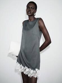 Lumivelle Grey Sleeveless Round Neck A-Line Mini Dress, Vintage Romantic Casual Minimalist Chic Commuter Dress, Spring/Summer Sleeveless Dress Lace Trim Dress - Grey - View 6