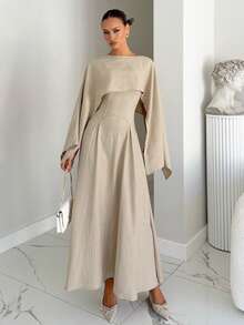 Siren Gaze New Solid Color Round Neck Elegant Poncho Dress For Women Modest Dress Classy Dress Long Sleeve Elegant Dress - Apricot - View 3