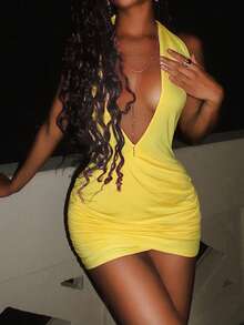 EgrlEra Women's Fashionable Deep V-Neck Yellow Knit Dress - Yellow - View 1