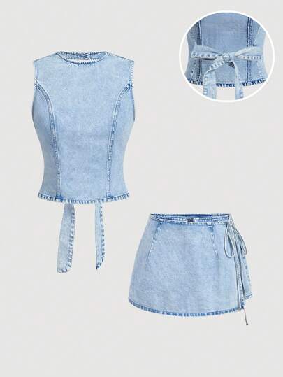 Sweetra Casual Backless Knot Design Round Neck Tank Top And Denim Shorts Set For Women