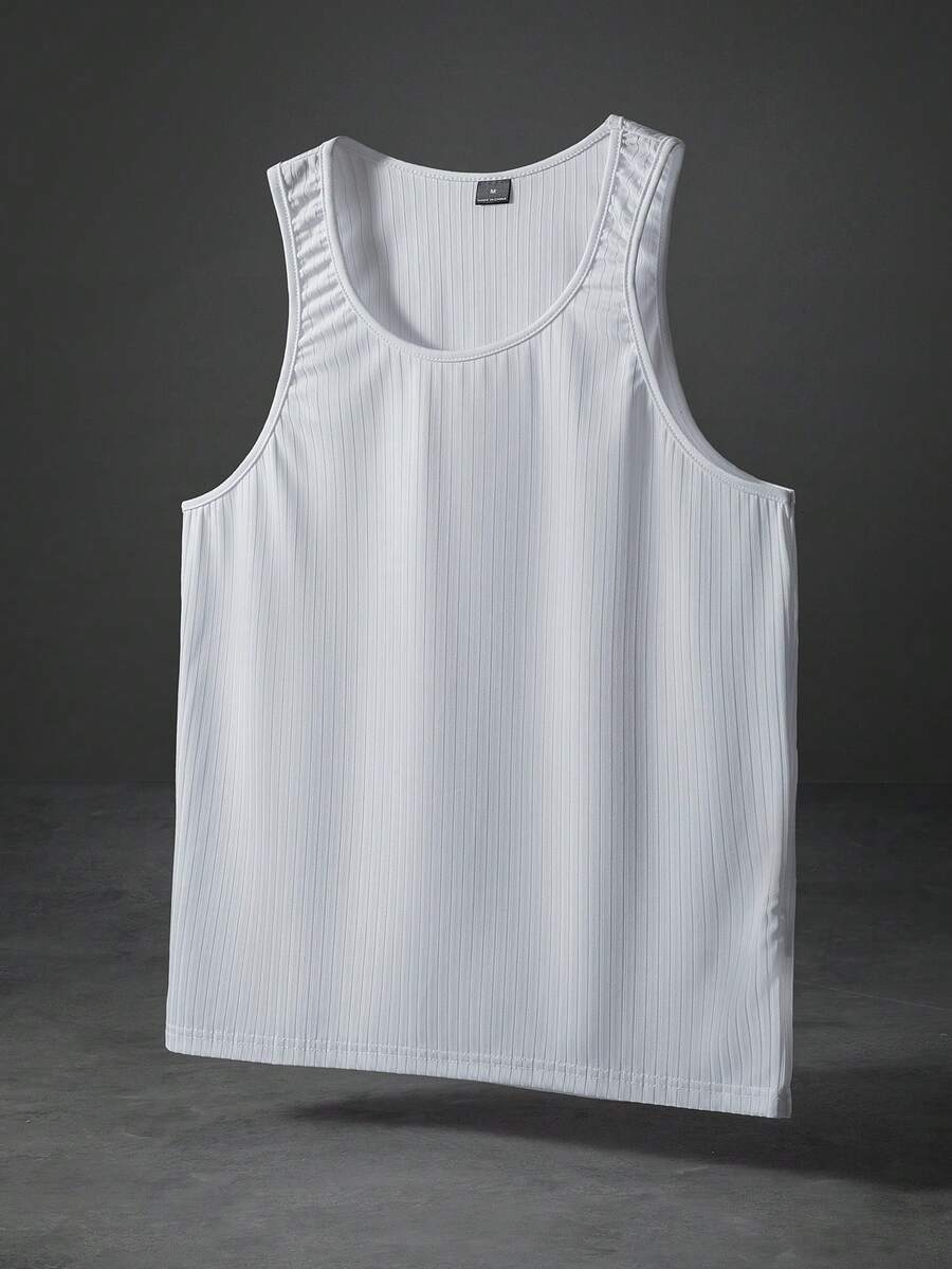 Manfinity Roghcode Men Solid Ribbed Knit Plain Sleeveless Jersey Tank Top, For Workout - White - View 1