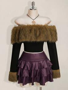 SHEIN ICON Rok Mini Skater Kasual Serbaguna Warna Polos untuk Wanita Ukuran Plus, Cocok untuk Kencan dan Jalan-jalan - Red Violet - View 6