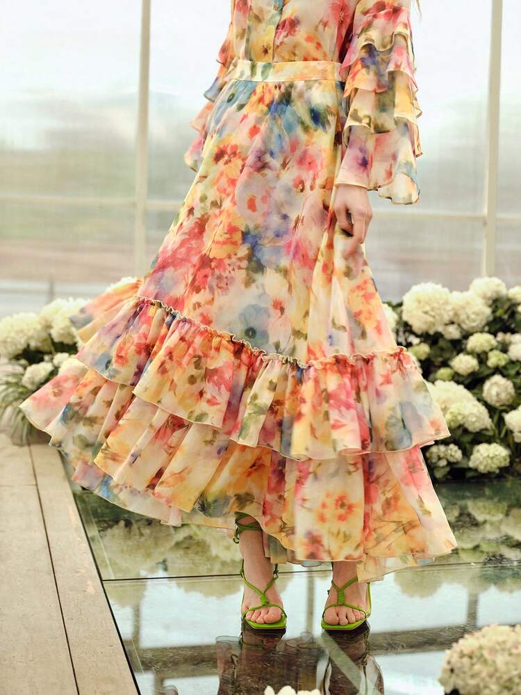 SAIA ROMÂNTICA E ELEGANTE ESTAMPADA EM PATCHWORK PARA MULHERES, PRIMAVERA/VERÃO