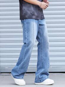 Manfinity Homme Plain Long Light Wash Wide Leg Denim Jeans For Men Casual Modern Style With Zipper - Light Wash - View 5