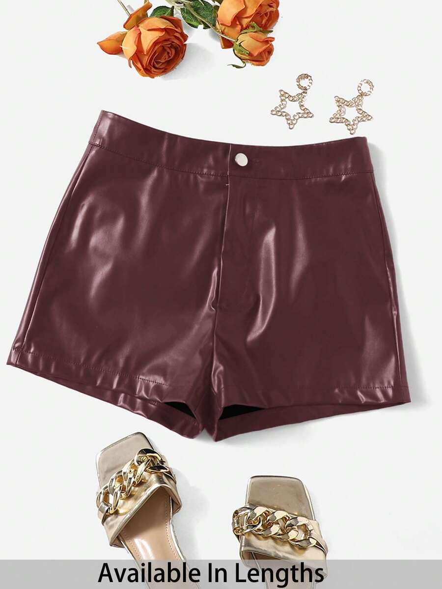 SHEIN Tall CURVE 大码女式纯色简约设计百搭休闲PU皮短裤 - 中紫紅色 - 查看 1