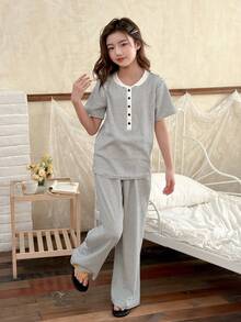 DAZY Tween Girl Striped Print Crew Neck Short Sleeve Top And Pants Pajama Set Summer - Multicolor - View 5