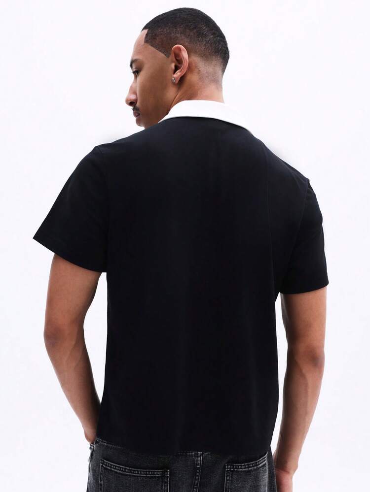 Camisa Polo de Manga Curta Clássica com Gola e Botões de Contraste Branco, Corte Relaxado, Parte Superior Casual