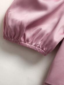 SHEIN 少女缎面花瓣袖收腰喇叭裙摆晚礼服 - 粉色 - 查看 6
