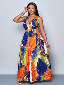 SOLERSUN Gaun Panjang Tanpa Lengan Leher V Dalam Motif Cetak Seluruh Permukaan untuk Wanita Ukuran Plus (Motif Acak) - Coral Orange - View 5