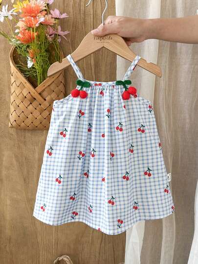 SHEIN Vintaside Kids 女婴彩色花卉丝带拼接条纹A字连衣裙，适合日常休闲和节日场合