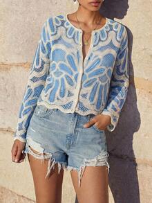 Maija Women's Hollow Out Dual-Tone Single-Breasted Long Sleeve Knitted Cardigan - Multicolor - View 1